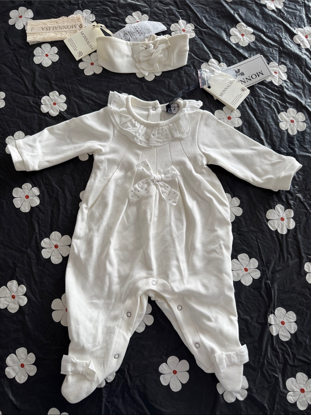 NWT Monnalisa Baby Girl Ivory Footie & Headband Set Boxed - Size 3M